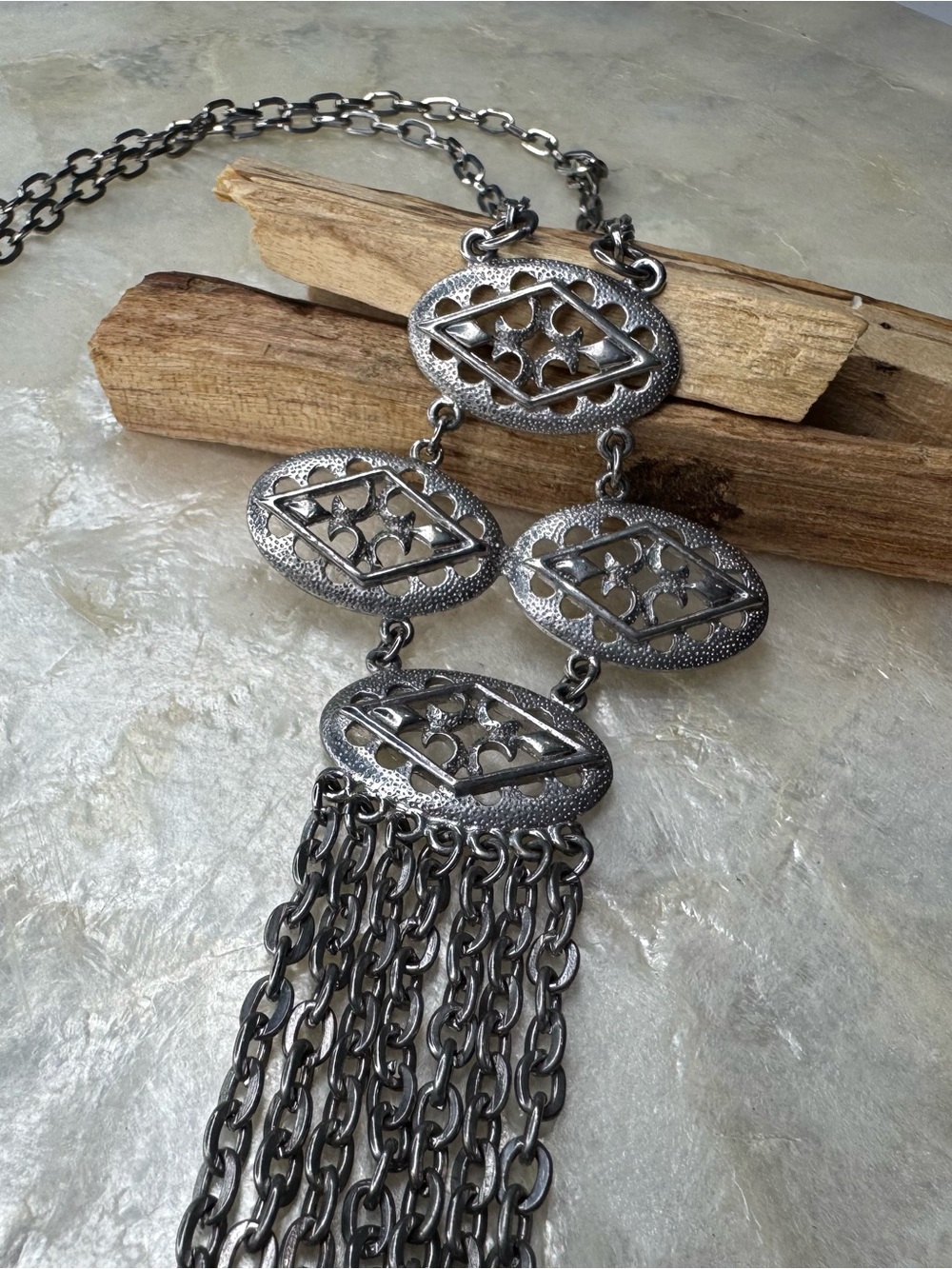 Vtg 70s Gothic Revival Tassel Necklace Silver Tone Filigree Medallion Fringe
